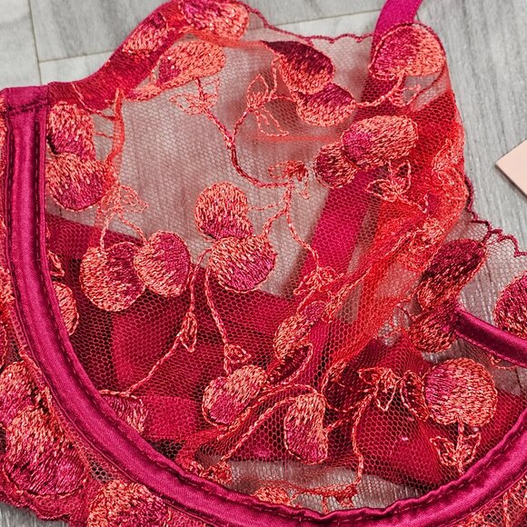 Muse by Coco de Mer Naomi Cherry Embroidered Underwired Plunge Bra, Size 30DD - Picture 4 of 7
